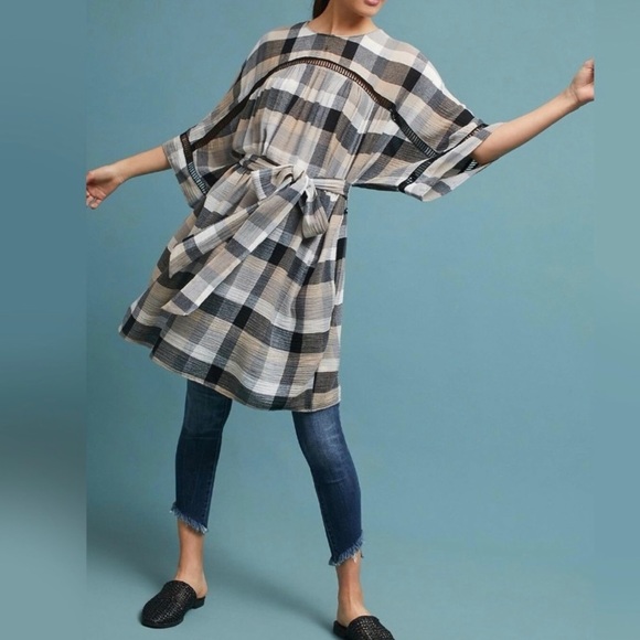 Anthropologie Black Cream Plaid Check Draped Tie Waist Belted Kimono ShirtDress - Picture 13 of 16